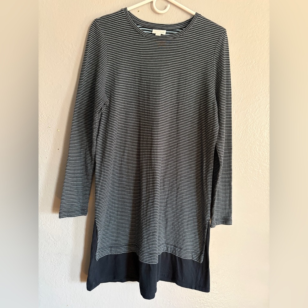 J Jill Striped SZ L Mixed Media Navy Blue‎ Blue Striped Cotton Shirttail Dress